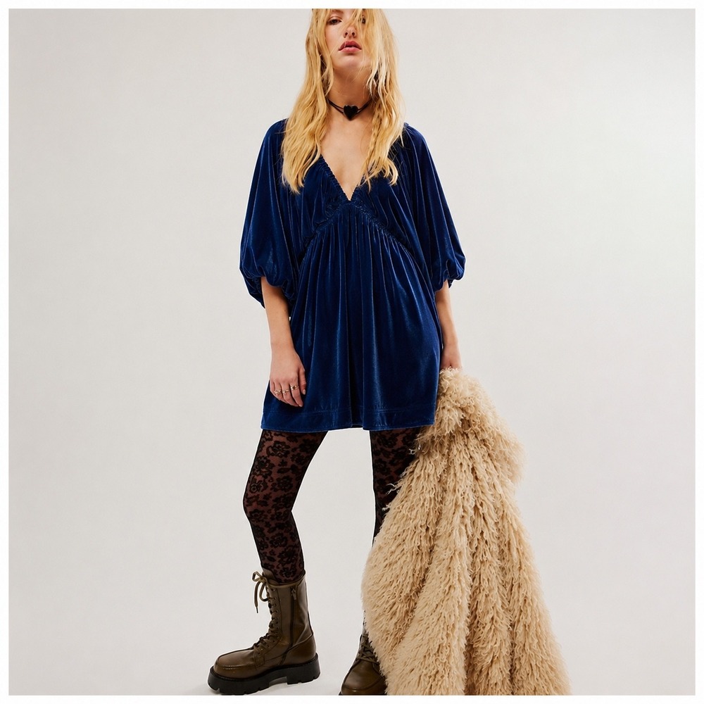 Free People Portia Velvet‎ Mini Babydoll Dress Womens Size M Navy Blue Boho Chic